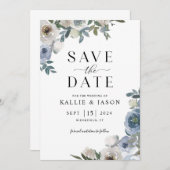 Dusty Blue Florals Watercolor Save the Date Einladung (Vorne/Hinten)