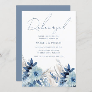 Dusty Blue Florals Wedding Probe Dinner Einladung