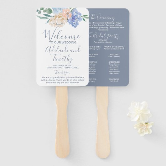 Dusty Blue Florals Wedding Program Fächer (Vorne und Hinten)