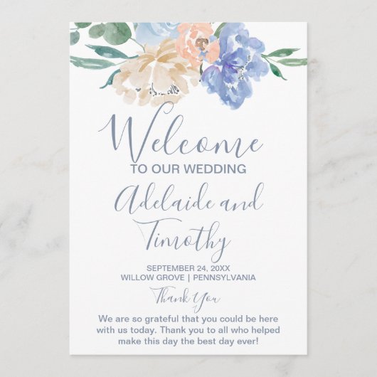 Dusty Blue Florals Wedding Programm (Vorderseite)