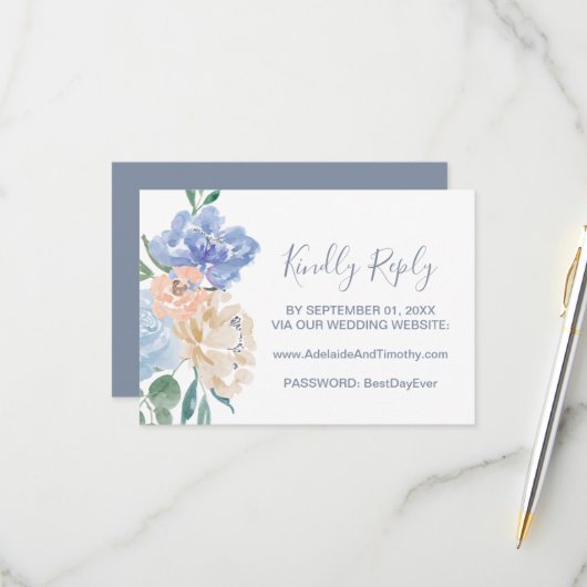 Dusty Blue Florals Wedding Website RSVP Card Karte (Vorderseite/Rückseite Beispiel)