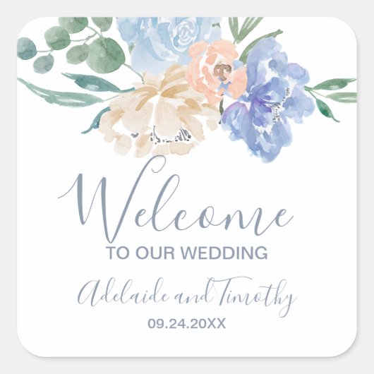 Dusty Blue Florals Wedding Willkommen Quadratischer Aufkleber (Vorderseite)