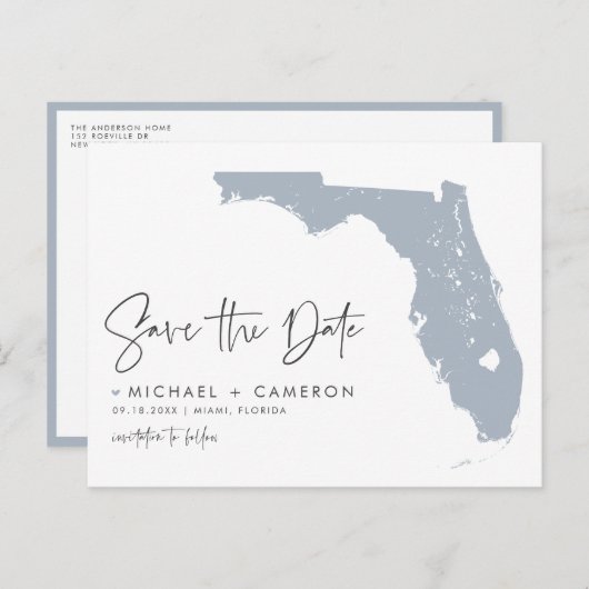 Dusty Blue Florida Map QR-Code Save the Date Ankündigungspostkarte (Vorne/Hinten)