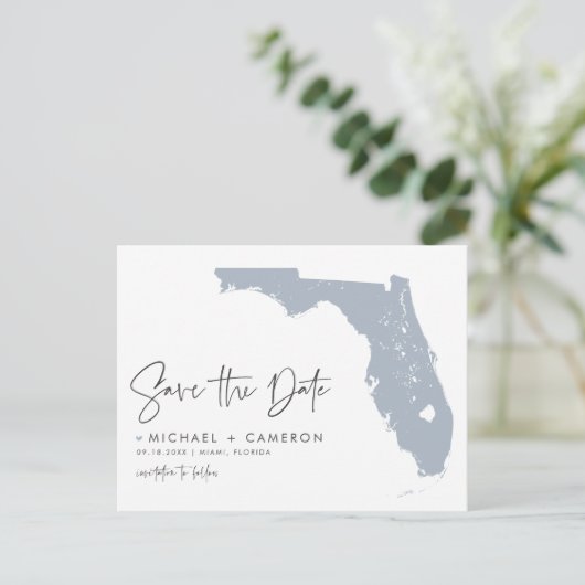 Dusty Blue Florida Map QR-Code Save the Date Ankündigungspostkarte (Stehend Vorderseite)