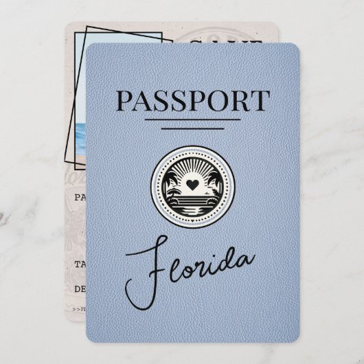 Dusty Blue Florida Passport Save the Date (Vorne/Hinten)