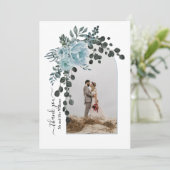 Dusty blue flowers, arch with foto wedding dankeskarte (Stehend Vorderseite)