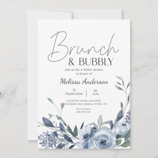 Dusty Blue Flowers Brunch Bridal Dusche Einladung (Vorderseite)