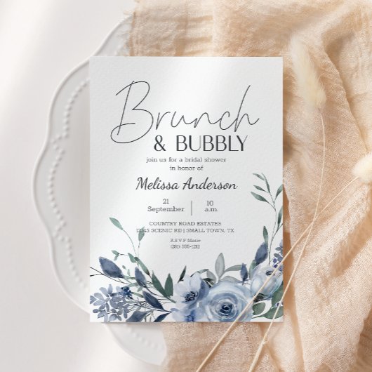Dusty Blue Flowers Brunch Bridal Dusche Einladung