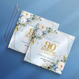 Dusty Blue Flowers Elegant Script 90th Birthday Gästebuch