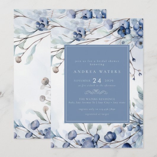 Dusty Blue Flowers | Elegantes Garden-Brautparty Einladung (Vorne/Hinten)
