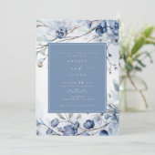 Dusty Blue Flowers | Elegantes Probe Dinner Einladung (Stehend Vorderseite)