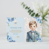Dusty Blue Flowers First Heilige Kommunion Boys Dankeskarte (Stehend Vorderseite)