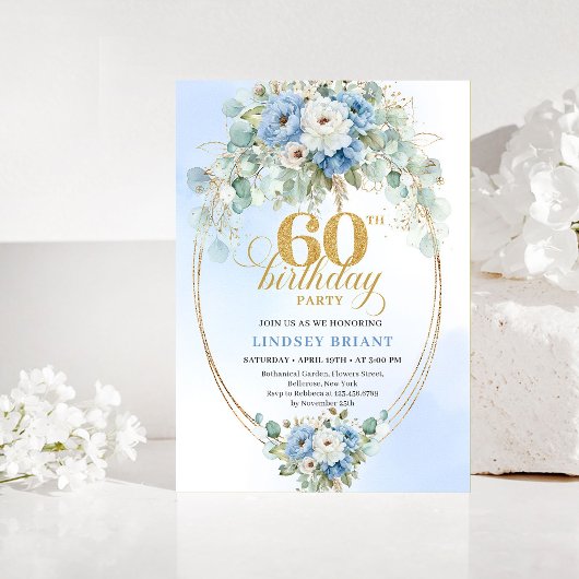 Dusty Blue Flowers Gold 60th Birthday Invitation Einladung