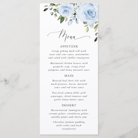 Dusty Blue Flowers, Greenery, Bridal Shower Menu Menükarte (Vorderseite)