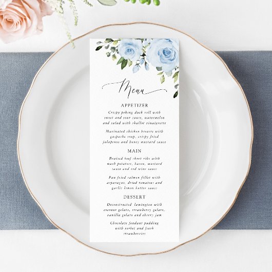 Dusty Blue Flowers, Greenery, Bridal Shower Menu Menükarte