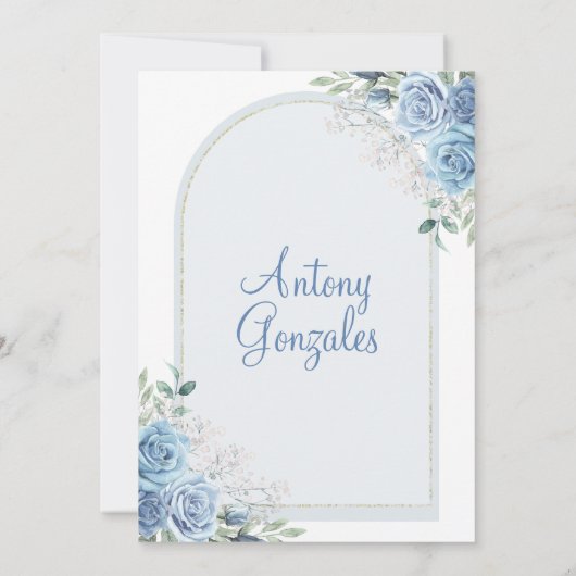 Dusty Blue Flowers Junge Erste Heilige Kommune Einladung (Rückseite)