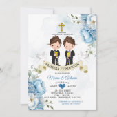 Dusty Blue Flowers Spanish Twins Primera Comunión Einladung (Vorderseite)
