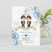 Dusty Blue Flowers Spanish Twins Primera Comunión Einladung (Stehend Vorderseite)