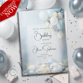 Dusty Blue Flowers und Balloons QR Geburtstag Einladung