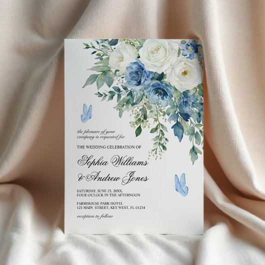 Dusty Blue Flowers Wedding Invitation Einladung