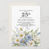 Dusty Blue Flowers White Daisies 25 Jahre Einladung (Vorne/Hinten)