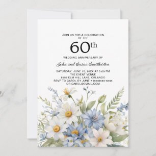 Dusty Blue Flowers White Daisies 60 Jahre Einladung