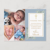 Dusty Blue Foliage Foto Collage Taufe Vielen Dank Postkarte (Vorderseite)