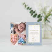 Dusty Blue Foliage Foto Collage Taufe Vielen Dank Postkarte (Stehend Vorderseite)