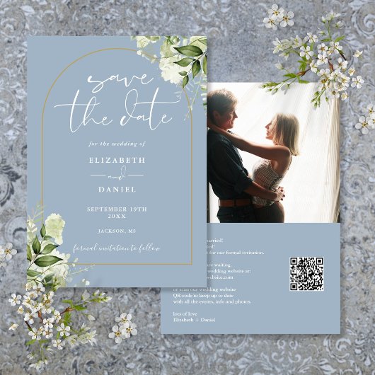 Dusty Blue Foliage Gold Arch Foto QR Code Wedding Save The Date