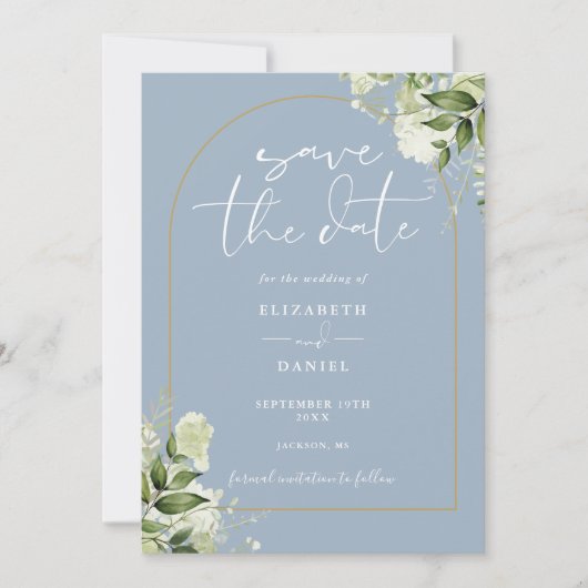 Dusty Blue Foliage Gold Arch Foto QR Code Wedding Save The Date (Vorderseite)