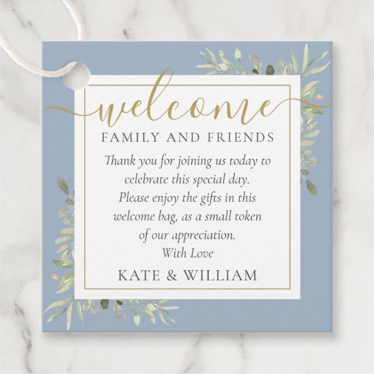 Dusty Blue Foliage Wedding Begrüßungsbeutel Geschenkanhänger (Vorderseite)