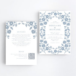 Dusty Blue Folk Floral QR UAWG All-in-One Hochzeit Einladung