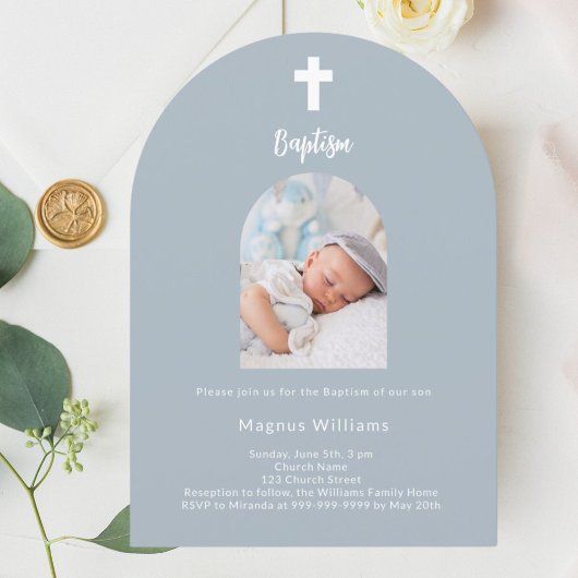 Dusty Blue Foto Arch Baptisse Einladung