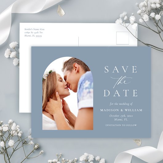 Dusty Blue Foto Arch Save the Date Postkarte