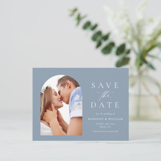 Dusty Blue Foto Arch Save the Date Postkarte (Stehend Vorderseite)