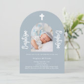 Dusty blue Foto arch script boy Taufe Einladung (Stehend Vorderseite)