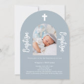 Dusty blue Foto arch script boy Taufe Einladung (Vorderseite)