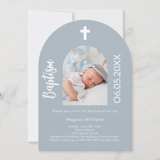 Dusty blue Foto arch script Einladung (Vorderseite)