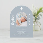 Dusty blue Foto arch script Einladung (Stehend Vorderseite)