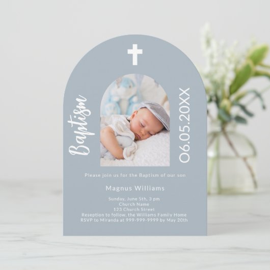 Dusty blue Foto arch script Einladung (Stehend Vorderseite)