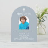 Dusty Blue Foto Boy First Holy Communion Einladung (Stehend Vorderseite)