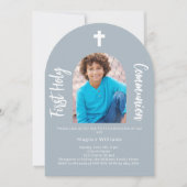 Dusty Blue Foto Boy First Holy Communion Einladung (Vorderseite)