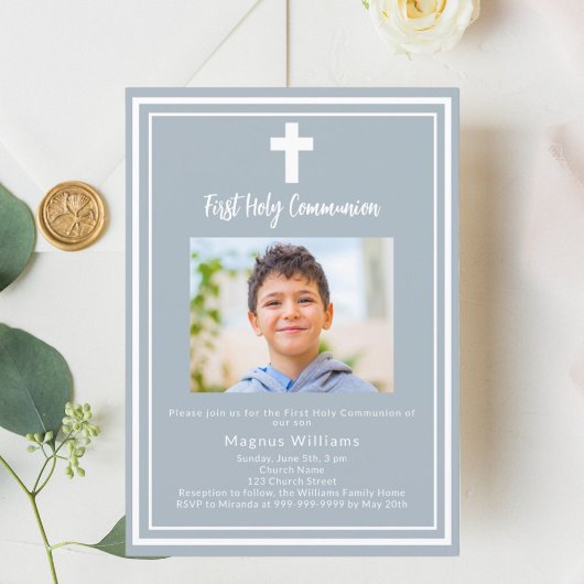 Dusty blue Foto boy First Holy Communion Einladung