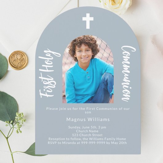 Dusty Blue Foto Boy First Holy Communion Einladung