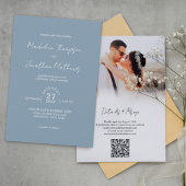 Dusty Blue Foto Budget Hochzeit QR Code UAwg Einladung