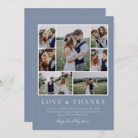 Dusty Blue Foto Collage Liebe und Dank Hochzeit Dankeskarte (Vorne/Hinten)