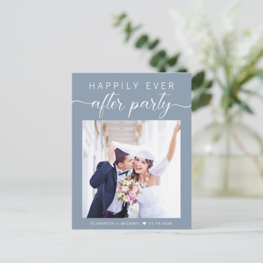 Dusty Blue Foto Elopement Hochzeitsempfang Einladungspostkarte (Stehend Vorderseite)