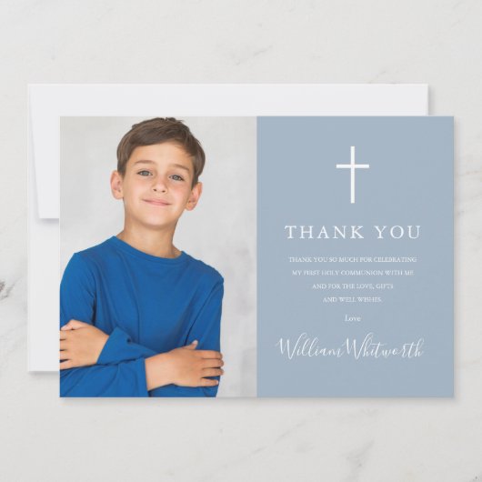 Dusty Blue Foto Erste Heilige Kommunion Dankeskarte (Vorderseite)