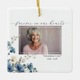 Dusty Blue Foto Floral Memorial Square Keramikornament
