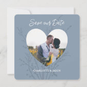 Dusty Blue Foto Heart Frame Save the Date Einladung (Vorderseite)